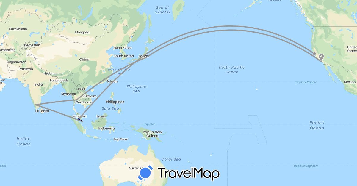 TravelMap itinerary: driving, plane in India, Japan, Malaysia, Singapore, United States (Asia, North America)